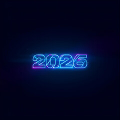 Futuristic 2026 neon sign with blue, magenta, and cyan glow on a dark background, featuring a subtle digital distortion effect.