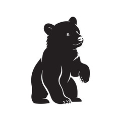 Minimalist black bear cub icon – stylized silhouette of standing bear with raised paw, rounded head, and visible claws for wildlife design, nature visuals, and playful-themed graphics.