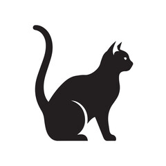 Minimalist black cat icon – stylized silhouette of sitting cat with curved tail, pointed ears, and attentive posture for pet design, feline visuals, and cozy-themed graphics.