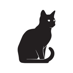 Minimalist black cat icon – stylized silhouette of side-facing sitting cat with curled tail, pointed ears, and white eyes for pet design, feline visuals, and cozy-themed graphics.