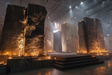 Large stone pillars, lit candles, stage