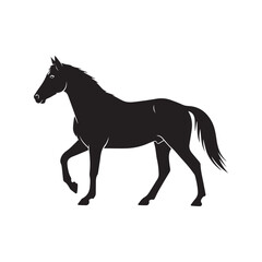 Minimalist black horse icon – stylized silhouette of walking horse with lifted limbs, flowing tail, and alert ears for wildlife design, equestrian visuals, and motion-themed graphics.