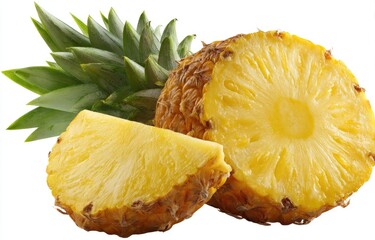 Fresh pineapple slices, whole and cut, with green leaves