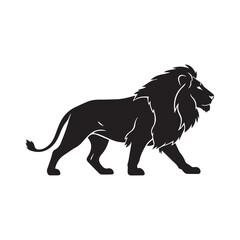 Minimalist black lion icon – stylized silhouette of walking lion with bold mane and raised tail for wildlife design, regal visuals, and strength-themed graphics.
