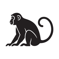 Minimalist black monkey icon – stylized silhouette of seated monkey with curled tail and bold facial highlights for jungle design, wildlife visuals, and playful-themed graphics.
