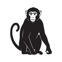 Minimalist black monkey icon – stylized silhouette of sitting monkey with curled tail and bold facial detail for jungle design, wildlife visuals, and playful-themed graphics.