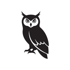 Minimalist black owl icon – stylized silhouette of perched owl with bold eyes, ear tufts, and folded wings for wildlife design, mystery visuals, and nocturnal-themed graphics.