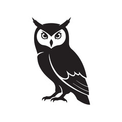 Minimalist black owl icon – stylized silhouette of vigilant owl with bold eyes, upright ears, and feather detail for wildlife design, mystery visuals, and forest-themed graphics.