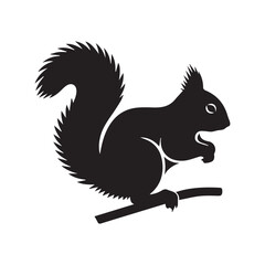 Minimalist black squirrel icon – stylized silhouette of perched squirrel with bushy tail and raised paw for wildlife design, forest visuals, and nature-themed graphics.