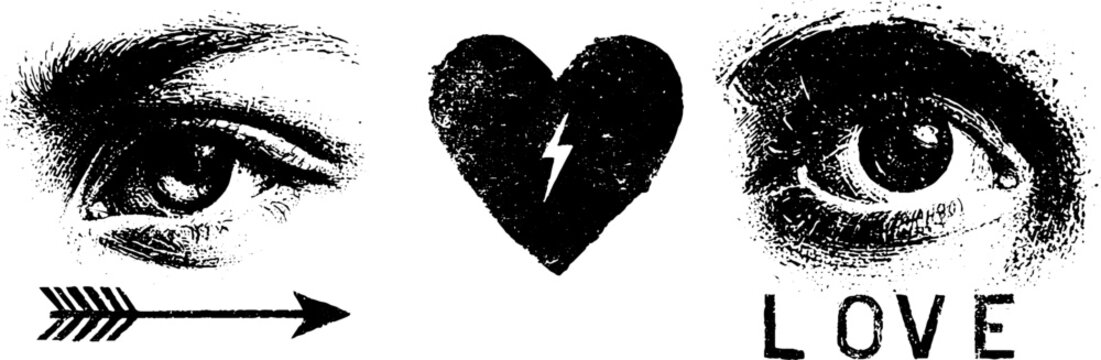 Grunge linocut art set with arrows and heart for vintage design