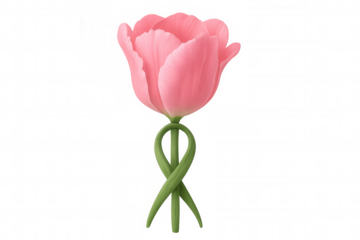 Pink tulip with stem forming breast cancer awareness ribbon, symbolizing hope, support, and charity