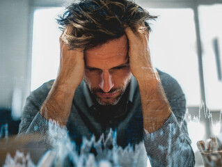 Stressed man holding his head in frustration at a desk with overlaid fluctuating financial stock market graphs symbolizing economic pressure and anxiety