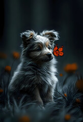 Naklejka premium Sweet puppy nose-to-nose with a monarch butterfly in dreamy twilight meadow, evoking serenity and wonder for pet lovers and nature enthusiasts