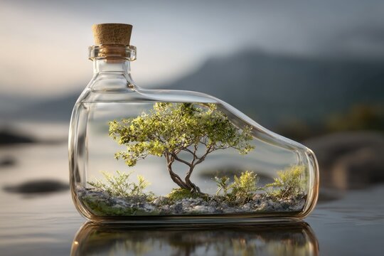 transparent bottle with tiny tree sprouting inside, surreal eco concept