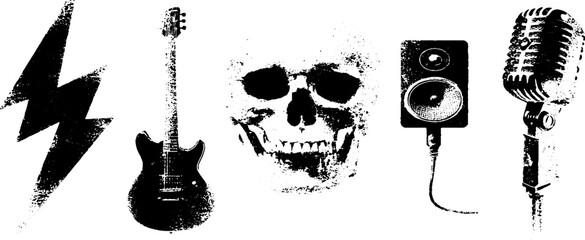 Grunge linocut music icons set with guitar, microphone, skull, lightning bolt, and speaker for vintage design © Artem