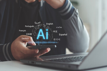 Person using smartphone and laptop with AI technology language translation icons floating around. Represent the global reach of AI, language diversity, future of communication. artificial intelligence