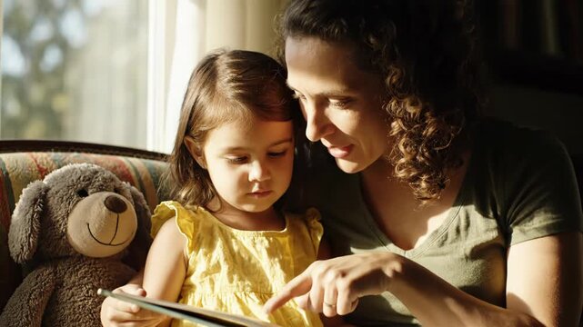 Mother and daughter reading a book together with a teddy bear in a cozy room with sunlight streaming in vector illustration