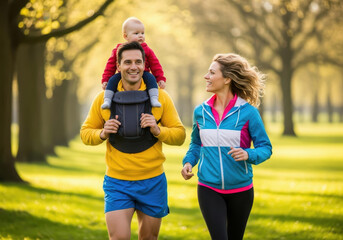 Fototapeta premium Active family jogging happily in the park with their baby in a carrier, symbolizing wellness, parenthood, and a healthy outdoor lifestyle