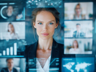 Confident businesswoman analyzing data and global virtual meeting screens with futuristic interface in a modern high-tech office environment