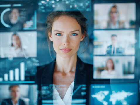 Confident businesswoman analyzing data and global virtual meeting screens with futuristic interface in a modern high-tech office environment