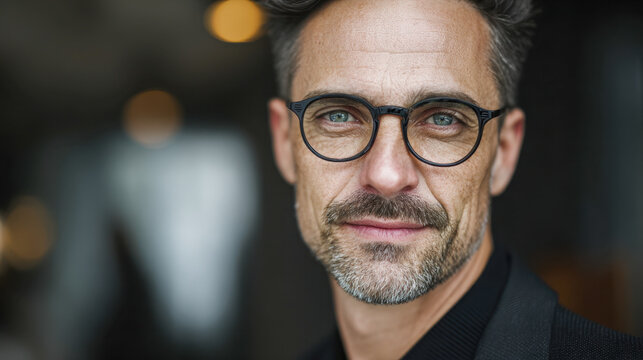 Mature man with glasses and salt-and-pepper beard wearing black attire looking confidently into the camera with a softly blurred background and warm lighting effects