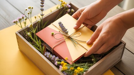 Hands placing a beautifully wrapped gift box adorned with lavender into a rustic wooden crate filled with wildflowers