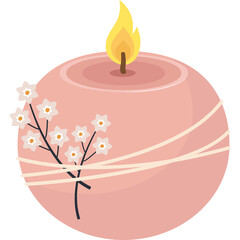 A Round Pink Candle Adorned With Delicate White Flowers And Thin Cream Ribbons With A Lit Yellow Flame And A Brown Wick On A Transparent Background