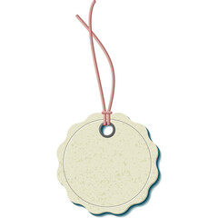 A Scalloped Edge Round Beige Price Tag With Pink String and Blue Shadow Isolated on Transparent Background