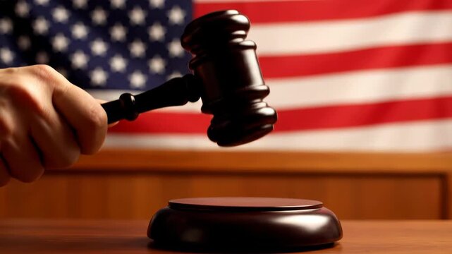 A hand holding a gavel over a sounding block with the american flag in the background, symbolizing justice and law in the united states vector illustration