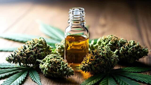 Natural cbd oil in dropper bottle with cannabis plant. Plant base medicinal product for health and modern medicine.