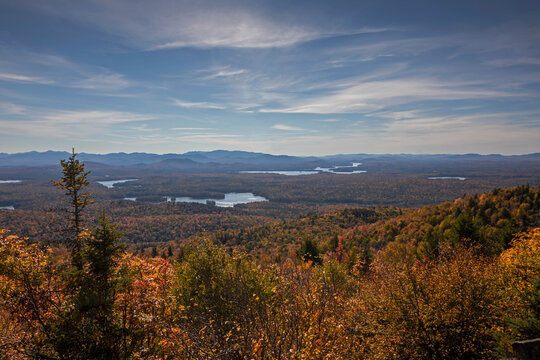 St. Regis Fire Tower views with peak fall foliage in daytime, Saranac Lake six hikes, Adirondack Mountains, Upstate NY