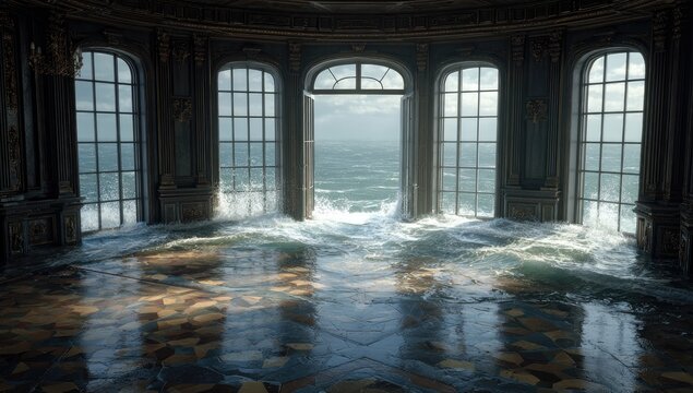 Flooded ornate room, waves crashing through windows - Powered by Adobe