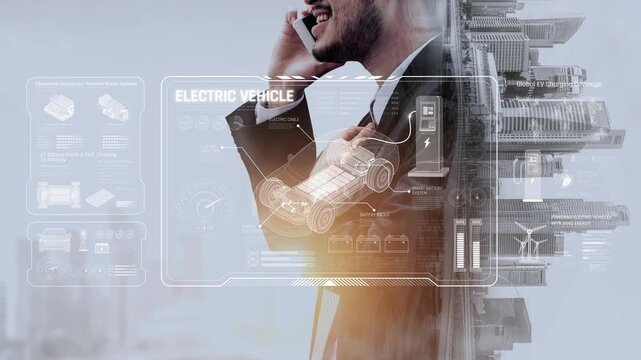 Technical layout of electric vehicle showing battery system, power control, traction motor, charging interface, and integration with renewable and smart energy sources Marrow