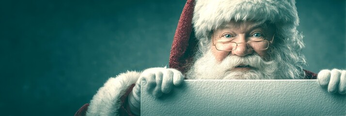 Santa Claus holds a blank sign with a joyful expression in a festive indoor setting during the holiday season