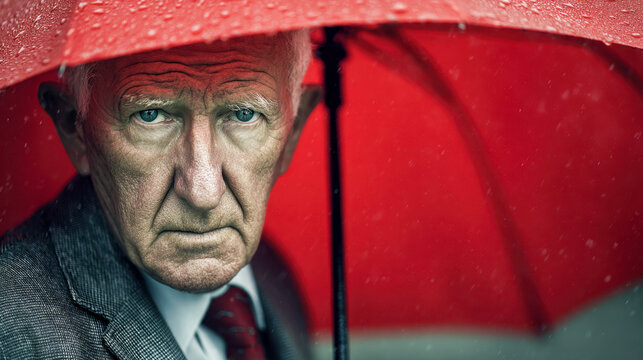 Portrait of an elderly man with piercing blue eyes standing under a vibrant red umbrella on a rainy day, dressed in a gray suit and red patterned tie