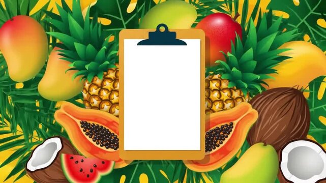 Tropical fruits with blank clipboard for presentation or design