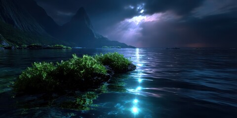 Dramatic night landscape with illuminated waters and distant mountains under stormy sky