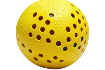 Perforated yellow plastic ball with textured surface and shadowed holes