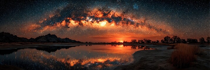Stunning view of the Milky Way galaxy reflecting on a serene lake during twilight in a remote landscape