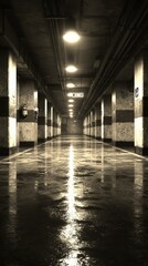 Dimly lit parking garage corridor with reflective floor surfaces and emergency exit sign