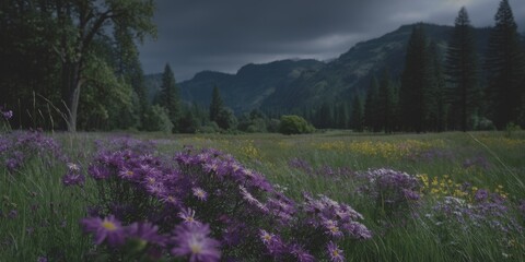 Vibrant wildflowers in a lush meadow under a dramatic sky with distant mountains in the late afternoon - Low Contrast
