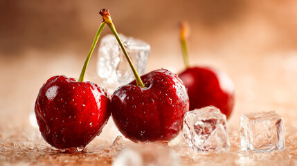 Fresh cherries with ice cubes on a wooden surface