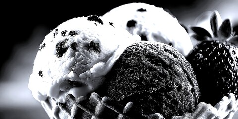 ice cream scoops in a waffle cone with a fresh strawberry on a background