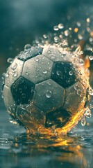 Soccer ball splashing in water with dynamic droplets during an intense match