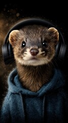 Cute animal wearing headphones in a cozy hoodie during nighttime setting
