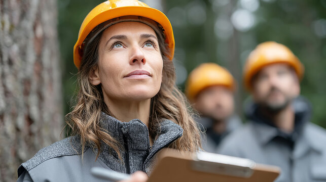 Team of environmental specialists assessing tree health in forest setting for conservation