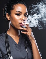 Obraz premium Healthcare Workers Struggle Powerful 3D Render Wallpaper depicting moment smoking, captured Dramatic CloseUp striking