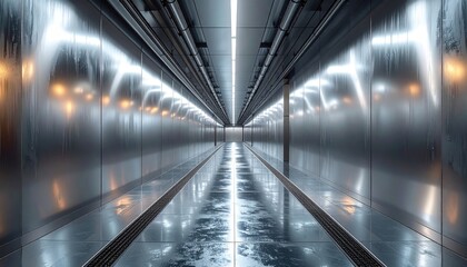 Futuristic Metallic Corridor with Illuminated Ceiling Perspective View in Architectural Setting