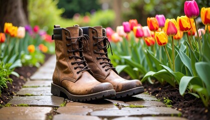 Pair Of Brown Leather Boots On Stone Path In Garden Surrounded By Colorful Tulips