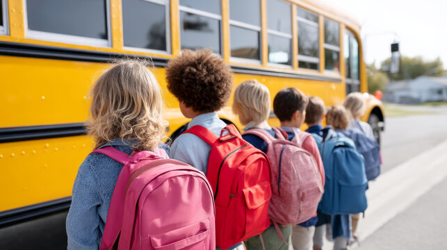 Excited children with backpacks lining up to board yellow school bus for a fun school day